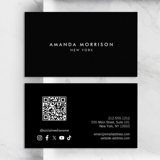 Minimalistische luxe zwart QR Code Social Media Visitekaartje