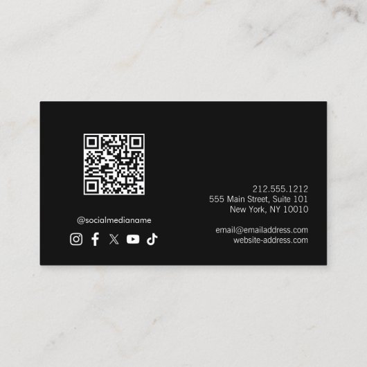 Minimalistische luxe zwart QR Code Social Media Visitekaartje (Achterkant)