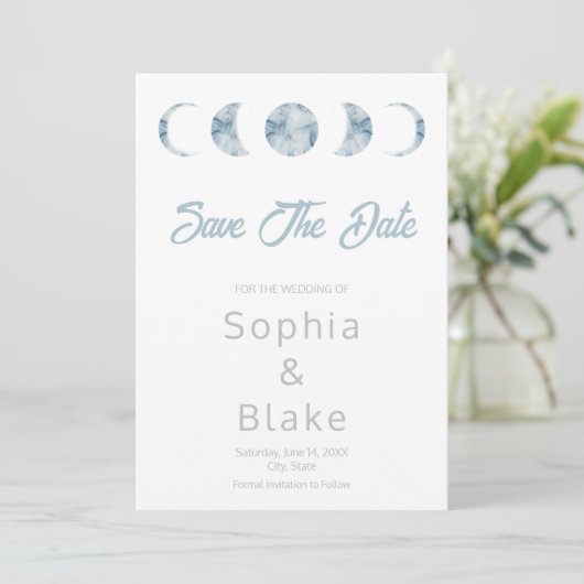 Minimalistische maanfases Celestial Save the Date Kaart (Staand voorkant)