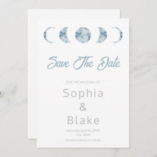 Minimalistische maanfases Celestial Save the Date Kaart (Voorkant / Achterkant)