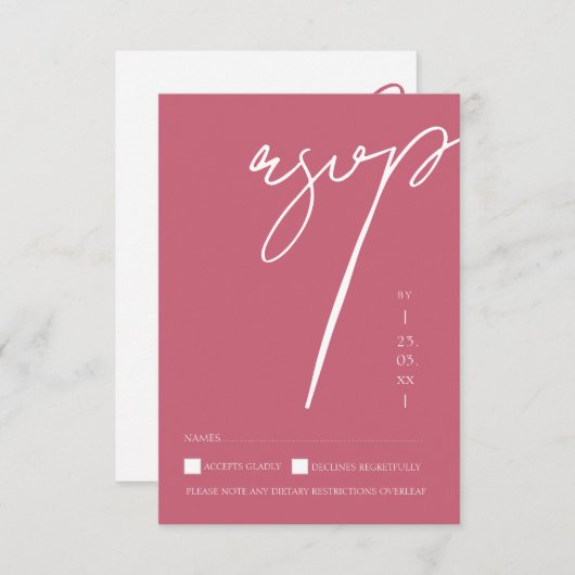 Minimalistische magenta roze script typografie bru RSVP kaartje (Voorkant / Achterkant)