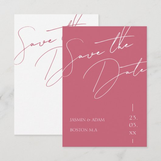 Minimalistische Magenta Roze Script Typografie Tro Save The Date (Voorkant / Achterkant)