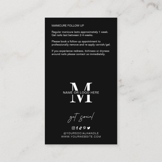 Minimalistische manicure nagels nazorg instructies visitekaartje (Achterkant)