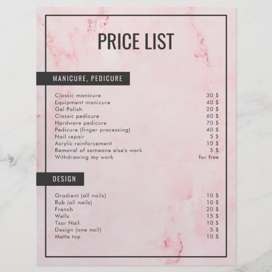 Minimalistische Marble Pink Beauty prijslijst (Voorkant)