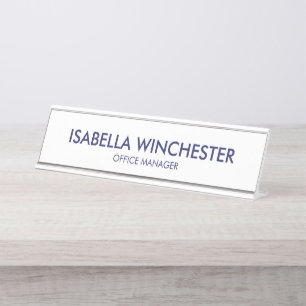 Minimalistische marine blauw en wit naam titel ele bureau naambordje