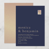 Minimalistische Marine Blauw Goud Monogram Huwelij Kaart (Voorkant / Achterkant)