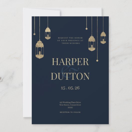 Minimalistische marine blauw gouden lantaarn licht kaart (Voorkant)