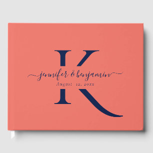 Minimalistische Marine Blauw Koraal Script Monogra Gastenboek