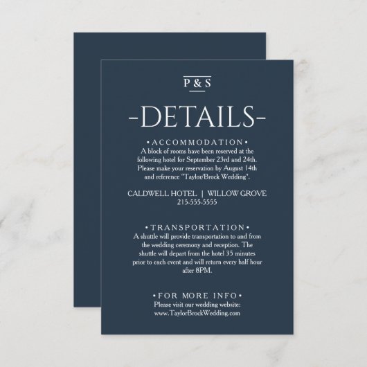 Minimalistische marine blauw monogram chique bruil informatiekaartje (Voorkant / Achterkant)