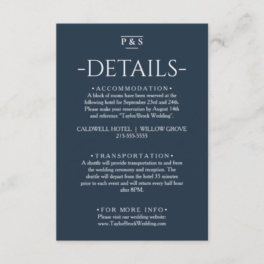 Minimalistische marine blauw monogram chique bruil informatiekaartje (Voorkant)