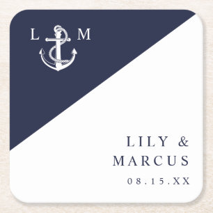 Minimalistische Marine Blauw Nautisch Monogram Huw Kartonnen Onderzetters