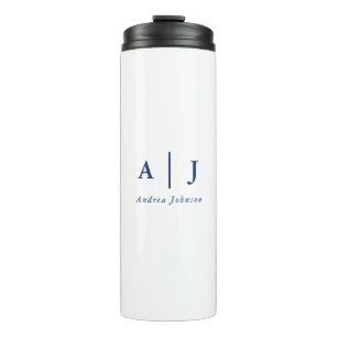 Minimalistische Marine Blauw Twee Monogram Naam Thermosbeker
