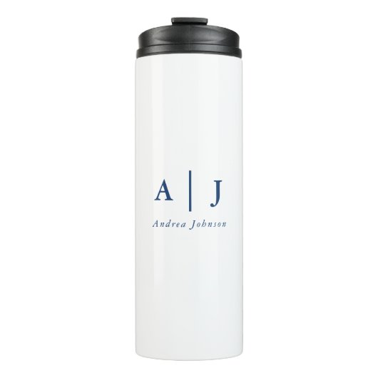 Minimalistische Marine Blauw Twee Monogram Naam Thermosbeker (Voorkant)