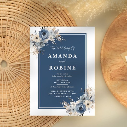 Minimalistische Marine Blauwe Bloemen Huwelijksuit Kaart