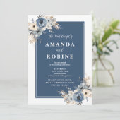 Minimalistische Marine Blauwe Bloemen Huwelijksuit Kaart (Staand voorkant)