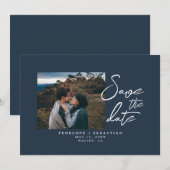 Minimalistische marine blauwe kalligrafie foto bru save the date (Voorkant / Achterkant)