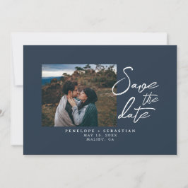 Minimalistische marine blauwe kalligrafie foto bru save the date