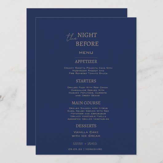 Minimalistische marine de nacht voor de bruiloft menu (Voorkant / Achterkant)