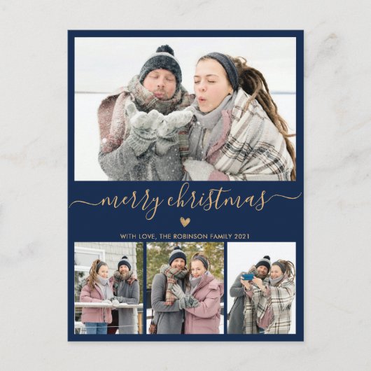 Minimalistische marine en Gold 4-fotocollage kerst Briefkaart (Voorkant)