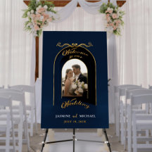 Minimalistische marine en gouden boog bruiloft wel