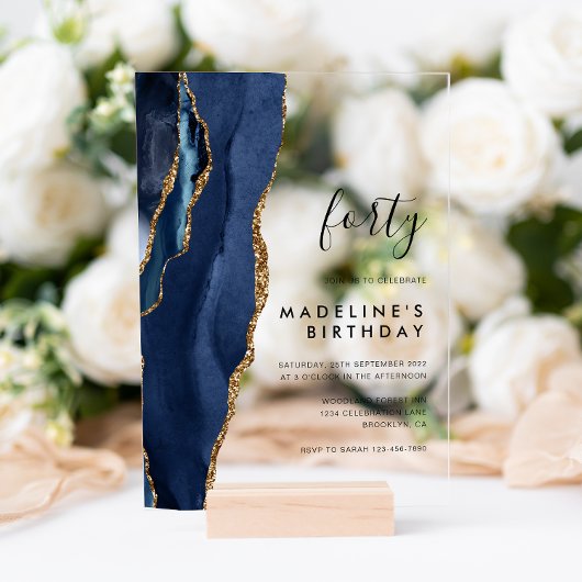 Minimalistische marine Gold Agate Geode 40e verjaa Acryl Uitnodigingen