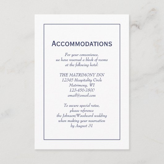 Minimalistische marineblauwe witbruiloft informatiekaartje (Voorkant)
