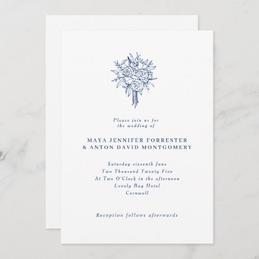 Minimalistische Marseille Bleu Line Art Bloemenbru Kaart (Voorkant / Achterkant)