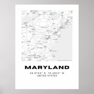 Minimalistische Maryland kaart kunst - zwart en wi Poster