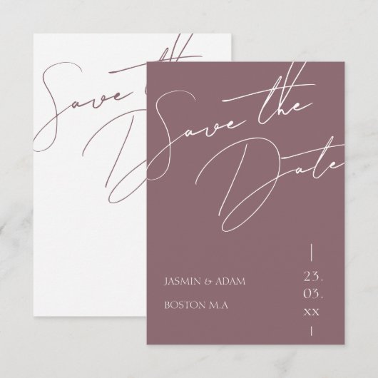 Minimalistische Mauve Paarse Script Typografie Tro Save The Date (Voorkant / Achterkant)