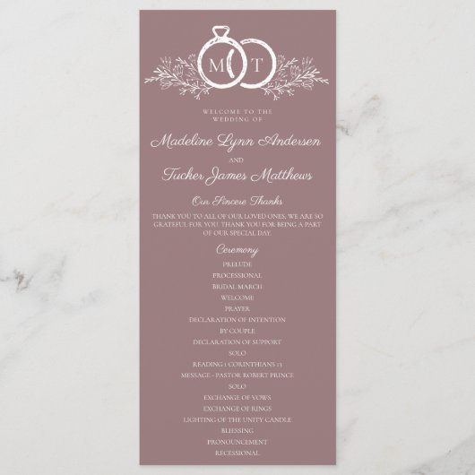 Minimalistische Mauve trouwring Monogram bruiloft Programmakaart (Voorkant)