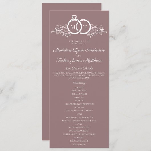 Minimalistische Mauve trouwring Monogram bruiloft Programmakaart (Voorkant / Achterkant)