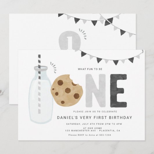 Minimalistische Melk en Koekjes Eerste verjaardag Kaart (Voorkant / Achterkant)
