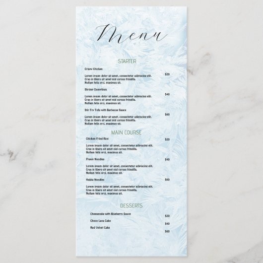 Minimalistische menulijst in blauw en wit menu (Voorkant)