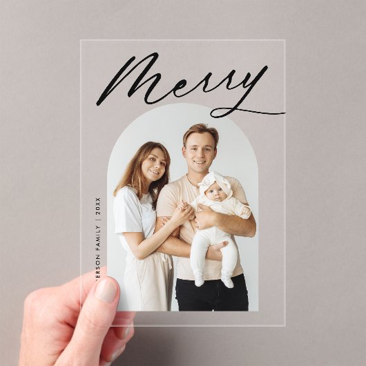 Minimalistische Merry Black Script Arch Fotovakant Acryl Uitnodigingen (Insitu (Draagbaar))