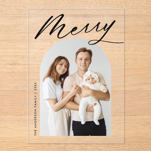Minimalistische Merry Black Script Arch Fotovakant Acryl Uitnodigingen (Voorkant)