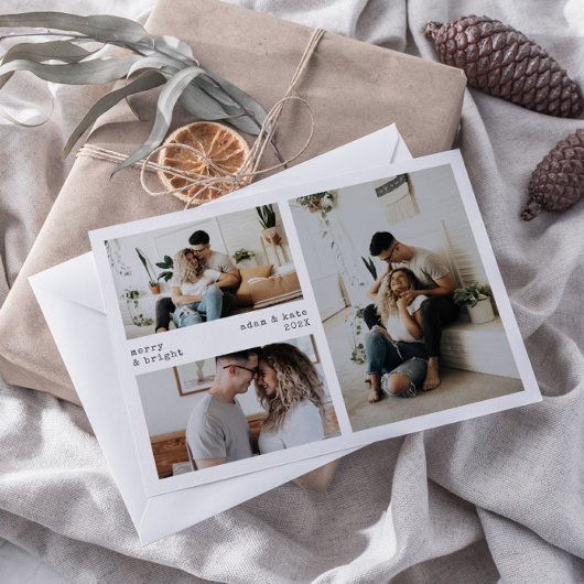 Minimalistische Merry & Bright Holiday 3-fotokaart Feestdagenkaart