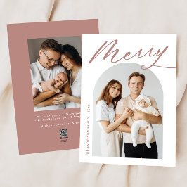 Minimalistische Merry Dusty Rose Script 2 Foto Feestdagenkaart