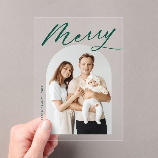 Minimalistische Merry Green Script Arch Fotovakant Acryl Uitnodigingen (Insitu (Draagbaar))