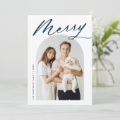 Minimalistische Merry Navy Script 2 Foto Feestdagenkaart (Staand voorkant)