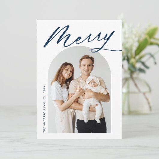 Minimalistische Merry Navy Script 2 Foto Feestdagenkaart (Staand voorkant)
