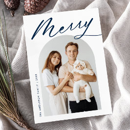 Minimalistische Merry Navy Script Boog Foto Feestdagenkaart