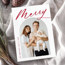 Minimalistische Merry Rode Script Boog Foto Feestdagenkaart