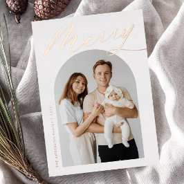 Minimalistische Merry Roze Goud Schrift 2 Foto Folie Feestdagenkaart