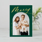 Minimalistische Merry Script Green Arch Foto Folie Feestdagenkaart (Staand Voorkant)