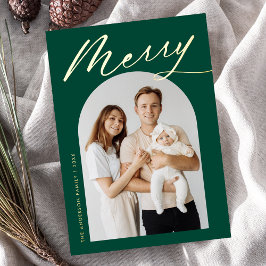 Minimalistische Merry Script Groene Boog Foto Folie Feestdagenkaart