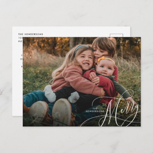 Minimalistische Merry Script vakantiefoto Briefkaart (Voorkant / Achterkant)