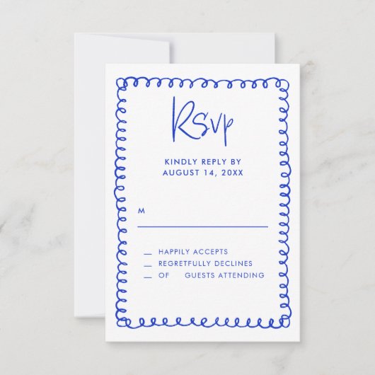 Minimalistische met de hand getekende Franse blauw RSVP Kaartje (Voorkant)