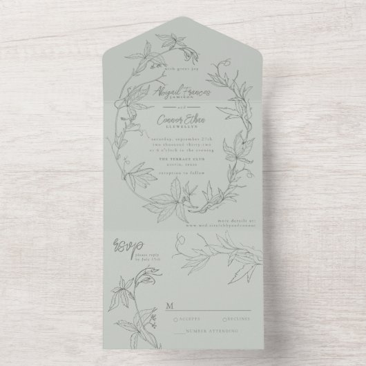 Minimalistische met de hand getrokken wijnstokken all in one uitnodiging (Binnen)