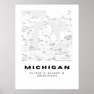 Minimalistische Michigan Kaart Kunst - Zwart en Wi Poster