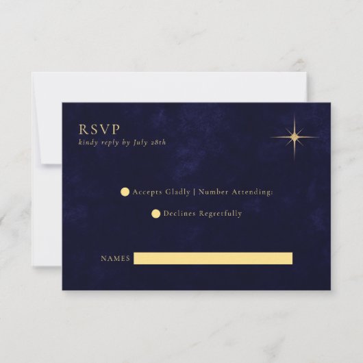 Minimalistische Midnight Celestial Gold Stars Wedd RSVP Kaartje (Voorkant)